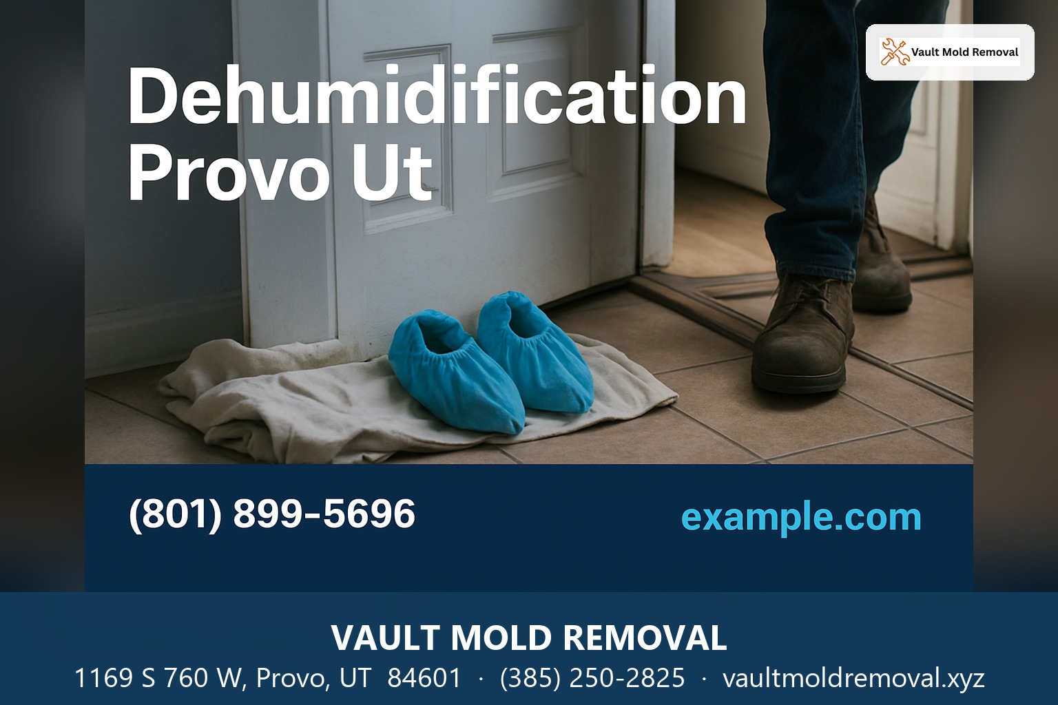 Technician arriving at a home, with the headline "Dehumidification Provo Ut" and contact details for Vault Mold Removal in Provo, UT 