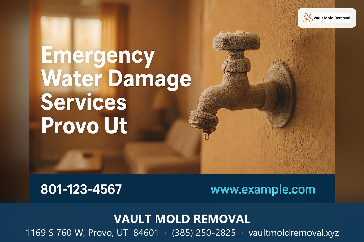 Frozen outdoor hose bib, with the headline "Emergency Water Damage Services Provo Ut" and contact details for Vault Mold Removal in Provo, UT