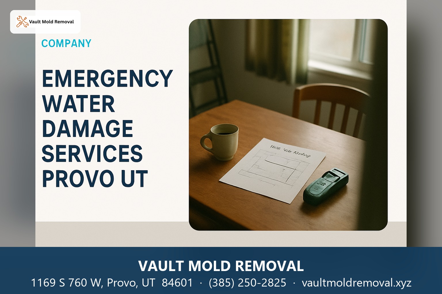Drying plan on a kitchen table, with the headline "Emergency Water Damage Services Provo Ut" and contact details for Vault Mold Removal in Provo, UT 