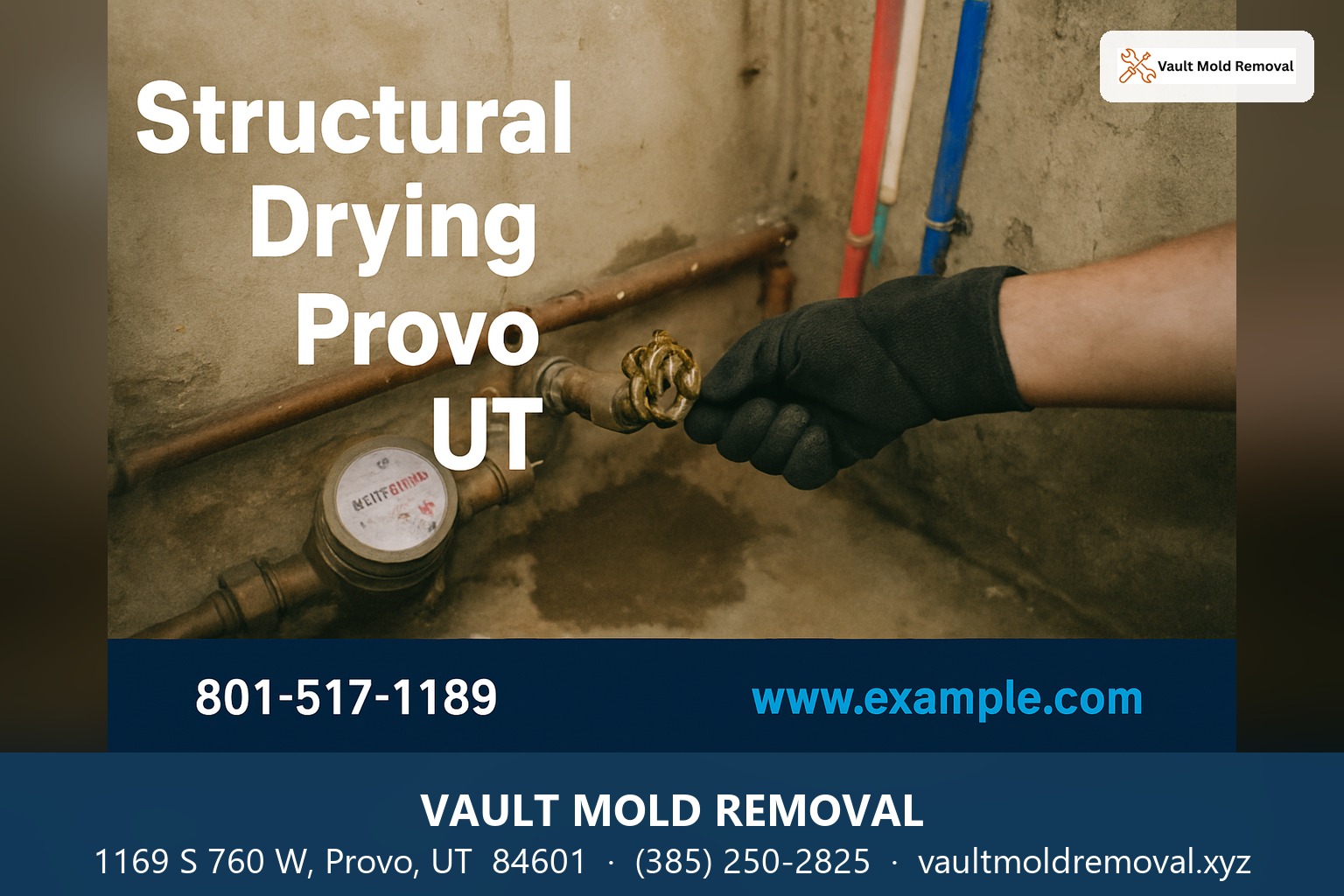 Turning off the main water shutoff valve, with the headline "Structural Drying Provo Ut" and contact details for Vault Mold Removal in Provo, UT