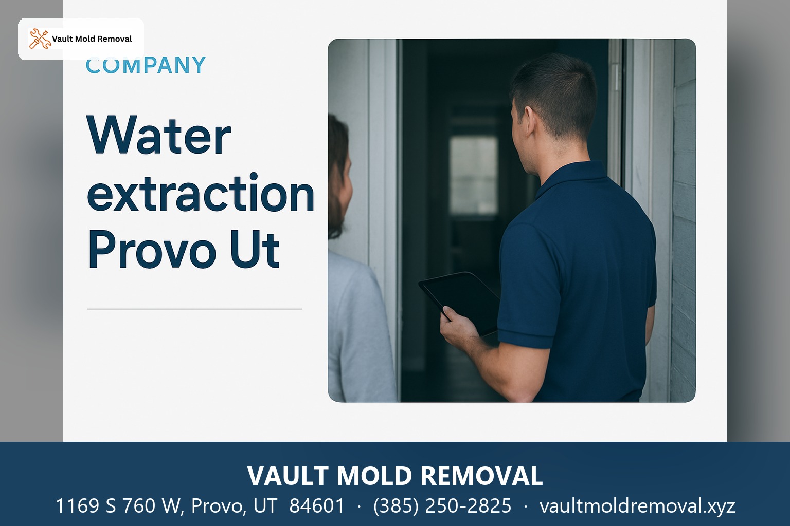 Technician talking with a homeowner at the front door, with the headline "Water extraction Provo Ut" and contact details for Vault Mold Removal in Provo, UT 